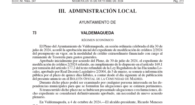 Anuncio aprobación inicial Modificación de créditos 2/2024
